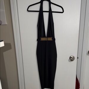 Black Halter Neck Midi Dress with Gold Accent